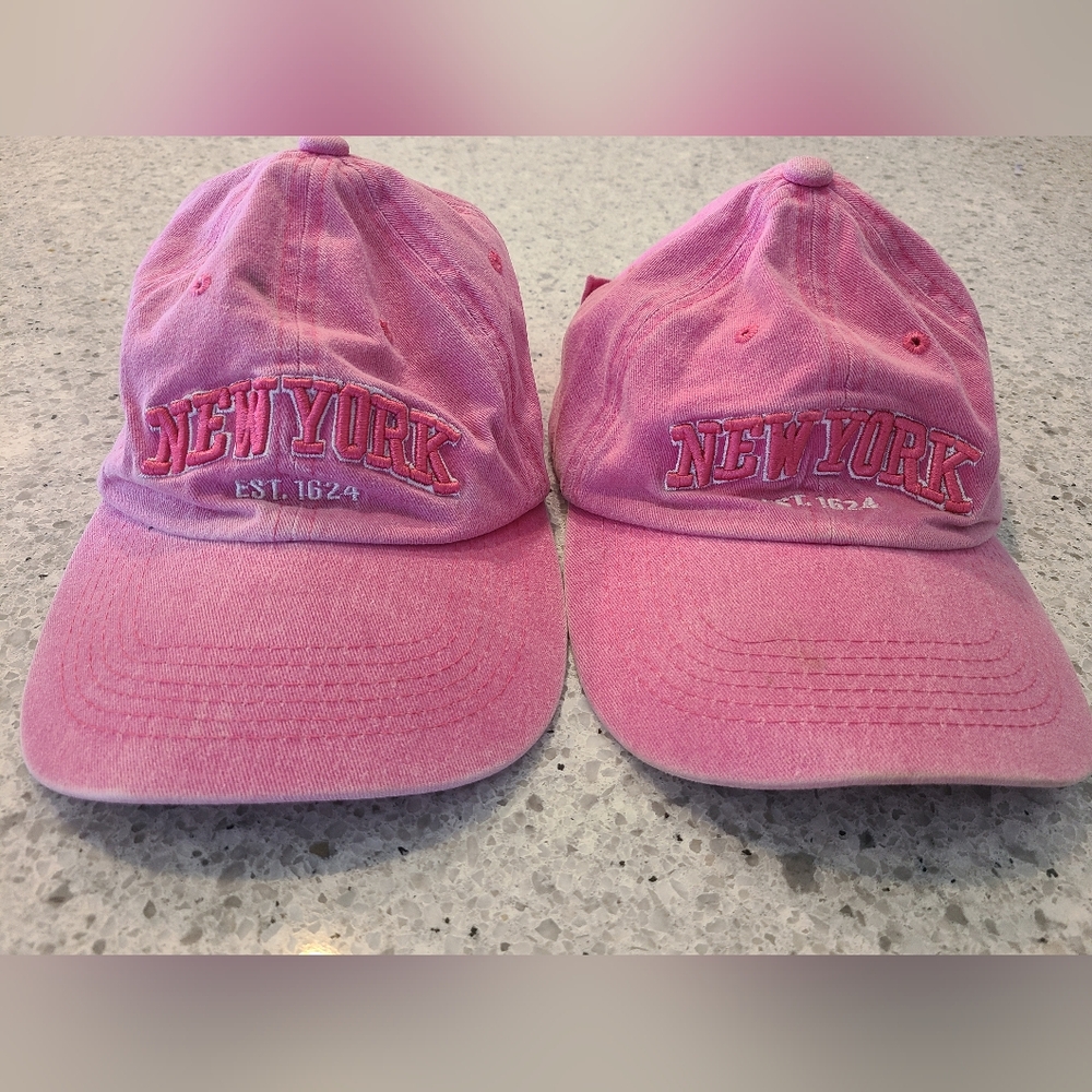 (2) New York City NYC est. 1624 pink baseball adjustable hats caps